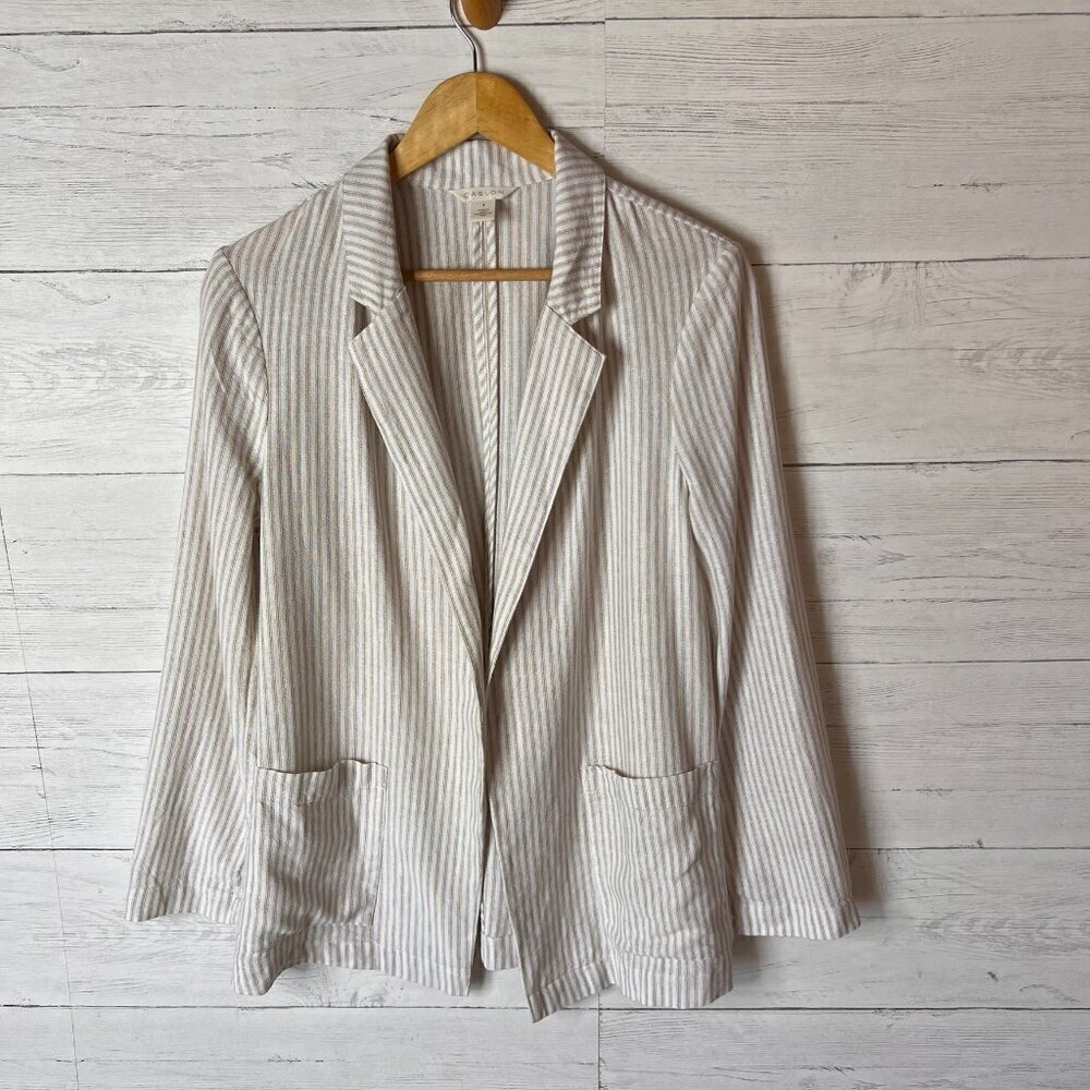 Caslon Blazer Womens SZ Small Tan & White Striped Open Front Linen Blend Coastal - Picture 4 of 16